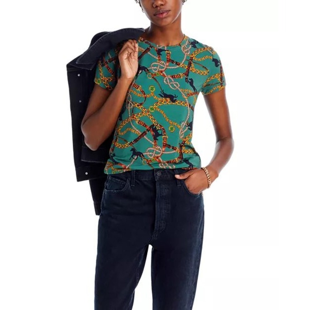 L'AGENCE Womens Emerald Green Equestrian Chain Horse Print Pima‎ Cotton Tee M